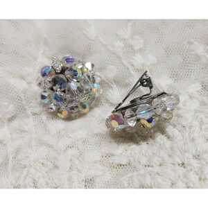 Vintage Aurora Borealis Crystal Cluster Clip On Earrings Iridescent Silver Tone